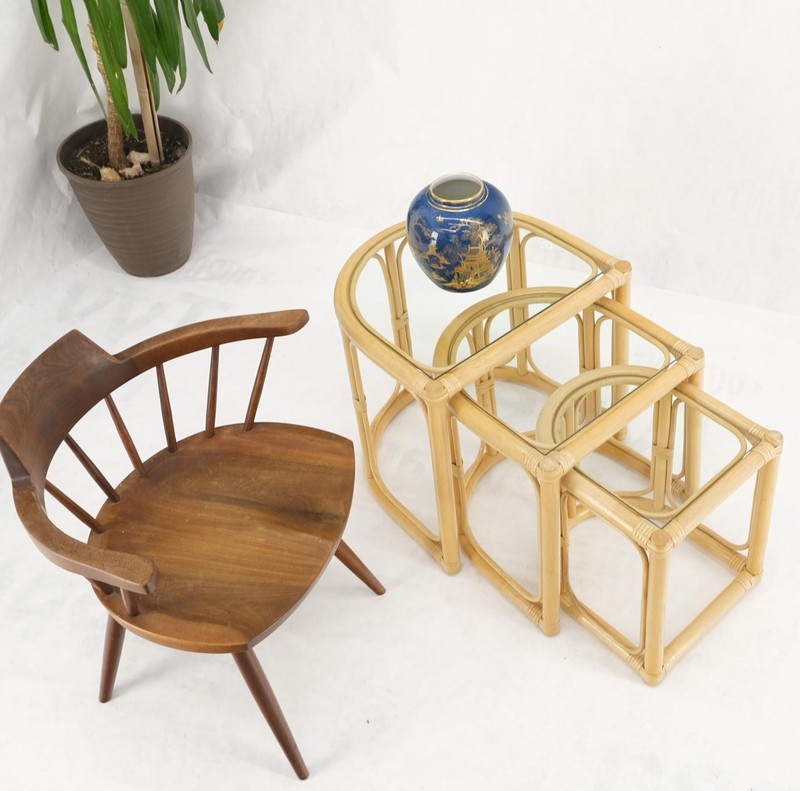 Bent Reed Bamboo Rattan Set of Three Stacking End Side Occasional Tables Stands gallery