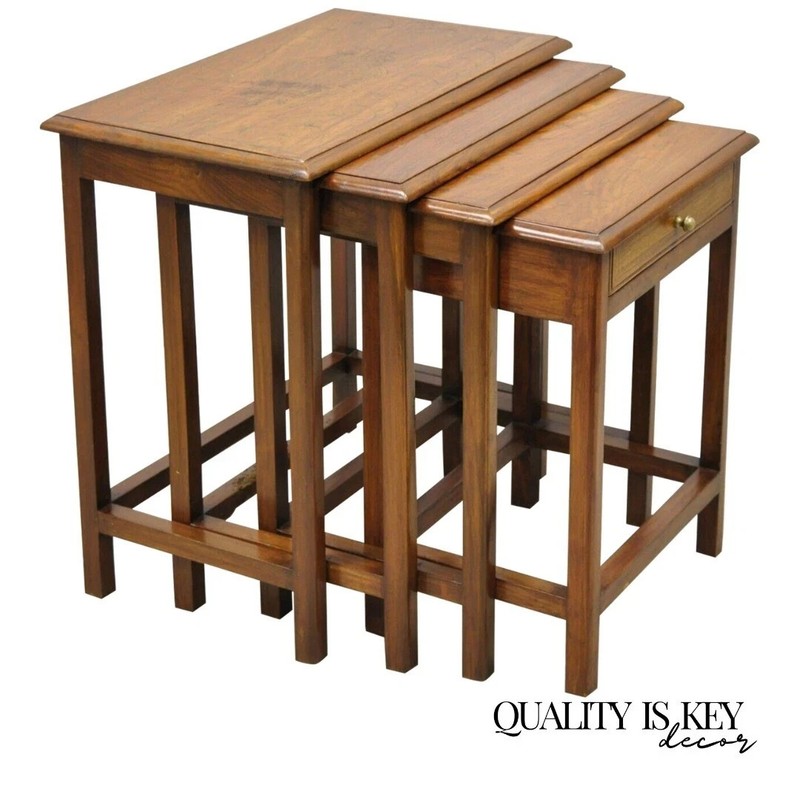Antique Anglo Indian Brass Marquetry Inlay Nesting Side End Tables – Set of 4