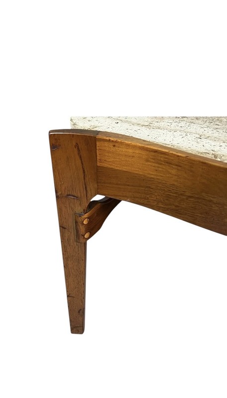 Mid Century Bertha Schaefer Walnut Travertine Top Step Side End Tables Stands gallery