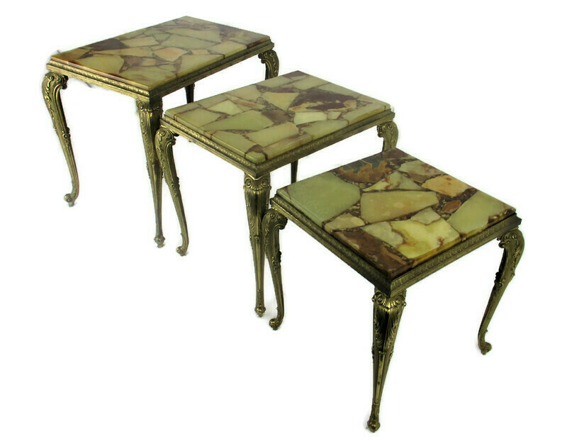 Set of 3 Nesting Stacking Coffee Side Tables Marble Brass Hollywood regency WOW