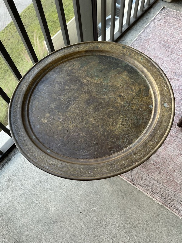 Vintage Brass Tray Table with Hand-Engraved Design & Black Wooden Legs –Moroccan