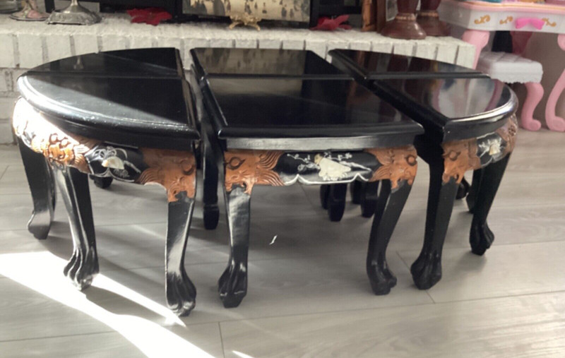 Vintage Chinese CoffeeTea LowTable W 6 Pull Chairs, Mother Of Pearl Blk Lacquer gallery