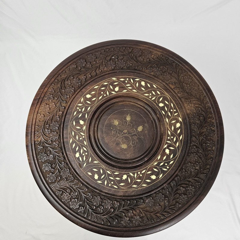 Vintage MCM Carved Octagon Folding Teak Wood Table Plant Stand Moroccan Boho gallery