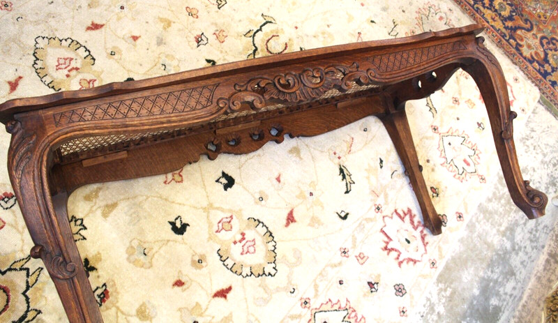French Antique Oak Louis XV Coffee Table | Carved Frame & Glass Top Inset gallery