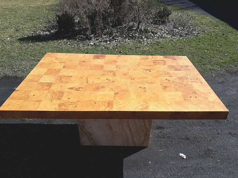 Roche Bobois olive,elm burl,marble base,patchwork dining table