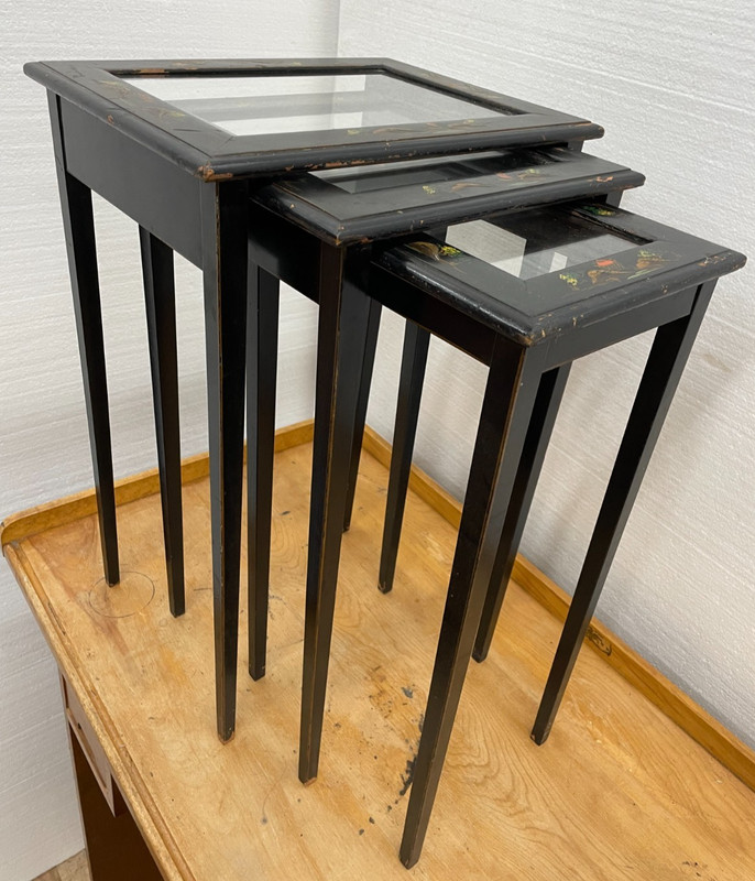 Black Paint decorated Nesting Tables set of 3 Glass Tops solid wood tables gallery