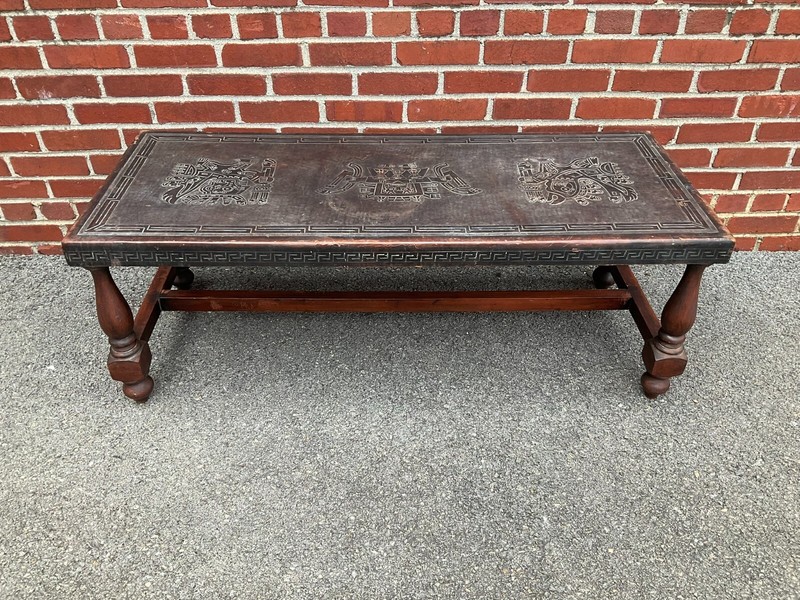 Vintage Mid Century Peruvian Hand Tooled Leather Top Coffee Table gallery