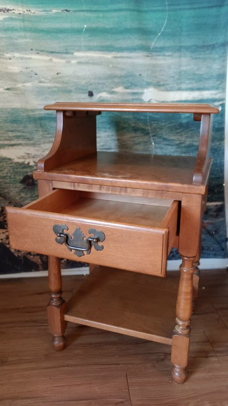 Unique Antique Oak Wood End Table From Heywood. Step Style 2 Tiers With Drawer gallery
