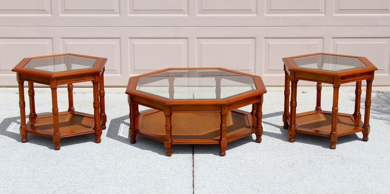 Mid-Century Modern Walnut Octagonal Glass Top & Cane Coffee Table + 2 Matching