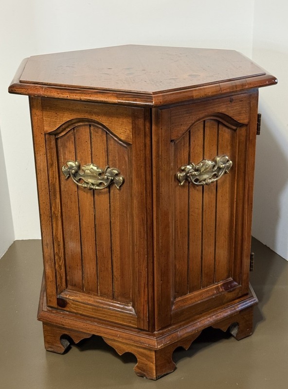 Vintage Solid Wood Hexagon End Table / Side Table With Storage And Brass Handles gallery