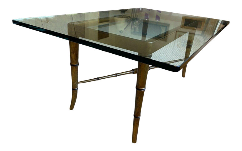 Rectangular Glass Top Cocktail Table With Gilt Faux Bamboo Base