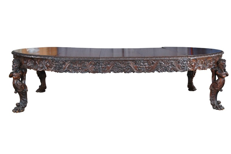 Rare Monumental Antique Italian Renaissance Figural Mahogany Dining Table 125″