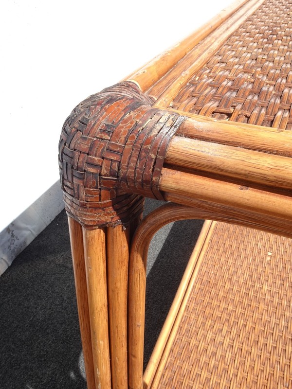 Vintage Rustic Console Sofa Table Tiki Palm Beach Style w Bamboo Rattan Leather gallery