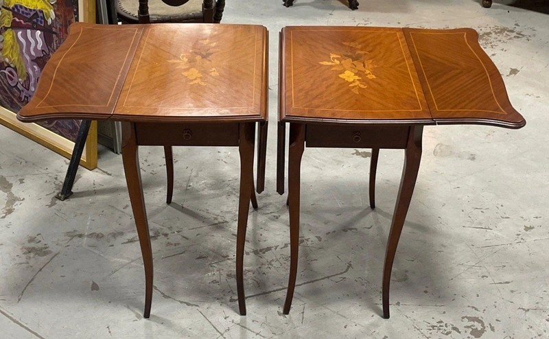 Pair Of 1920’s Inlaid French Style Marquetry Inlaid Drop Leaf End Tables gallery