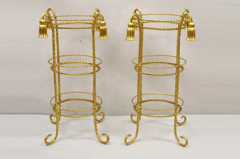Italian Hollywood Regency 3 Tier Gold Iron Rope Tassel Stand Side Tables - Pair gallery