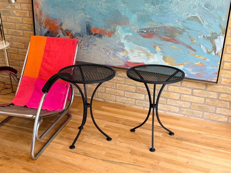 2 Salterini Tempestini Wrought Iron Outdoor Patio Tripod Side End Table Vtg Mcm gallery