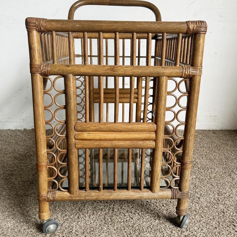 Boho Chic Bamboo Rattan and Glass Two-Tier Bar Cart gallery