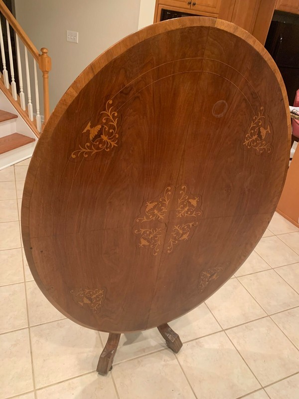 Antique Victorian Burr Inlaid Walnut Oval Tilt Top Loo Table