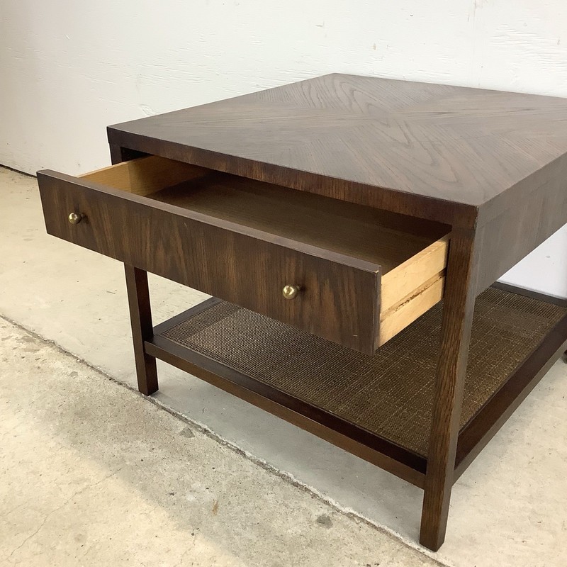 Mid-Century End Table with Drawer and Woven Shelf gallery