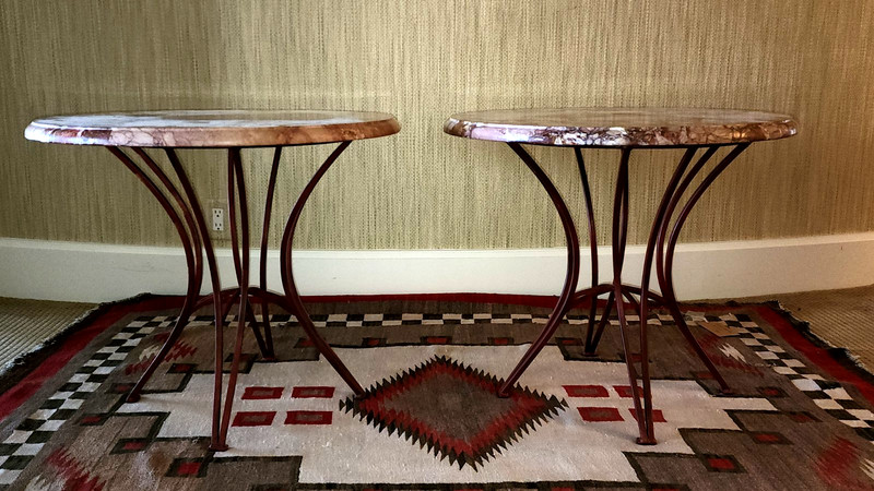 Vintage Matching Pair of Pink Marble Top Coffee Tables with Original Iron Bases gallery