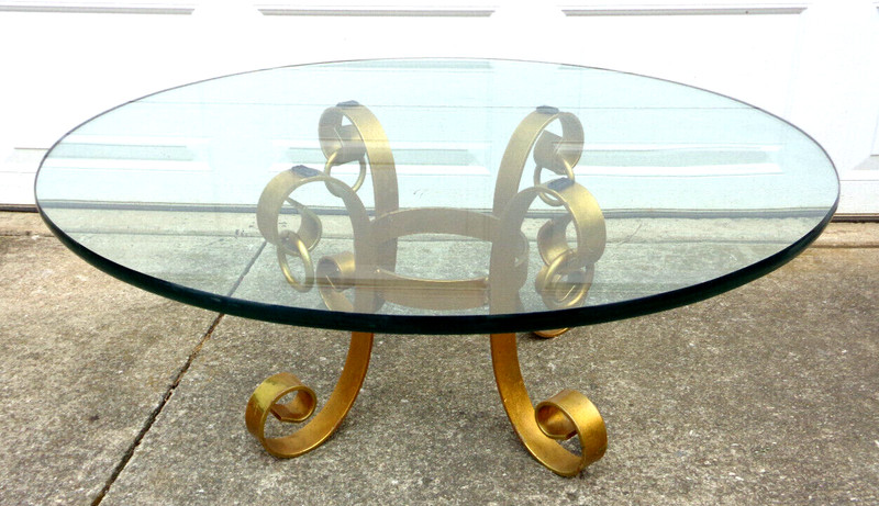 ITALIAN? GILDED SCROLL IRON COFFEE TABLE, HOLLYWOOD REGENCY, 3/4″ GLASS, HEAVY!