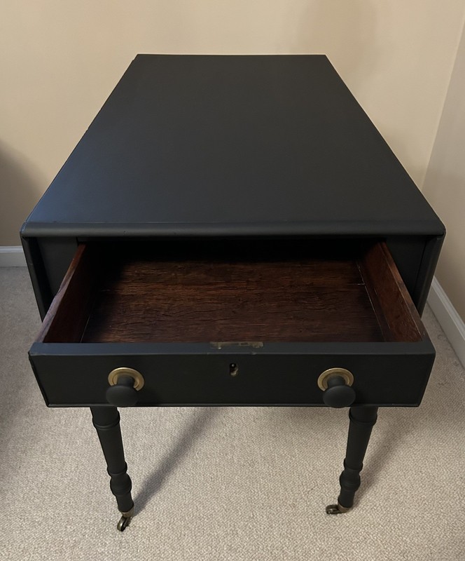 1890s Antique George 111 Sheraton (Matte Black) Drop Leaf Table on Brass Casters gallery