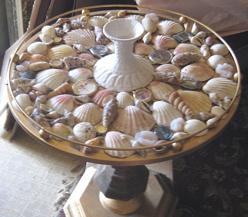 Folk Art Table-16"x24"-Shells, Watches. Candle Holder by DeDe Shamel gallery