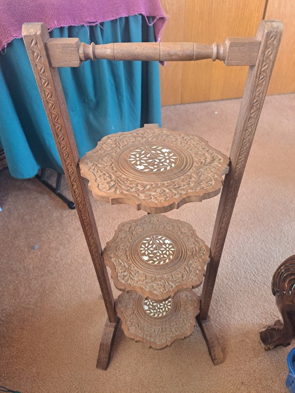 Butler’s Folding 3-Tier Wooden Carved Vintage Tray Table, Cakes, Pies, Plants