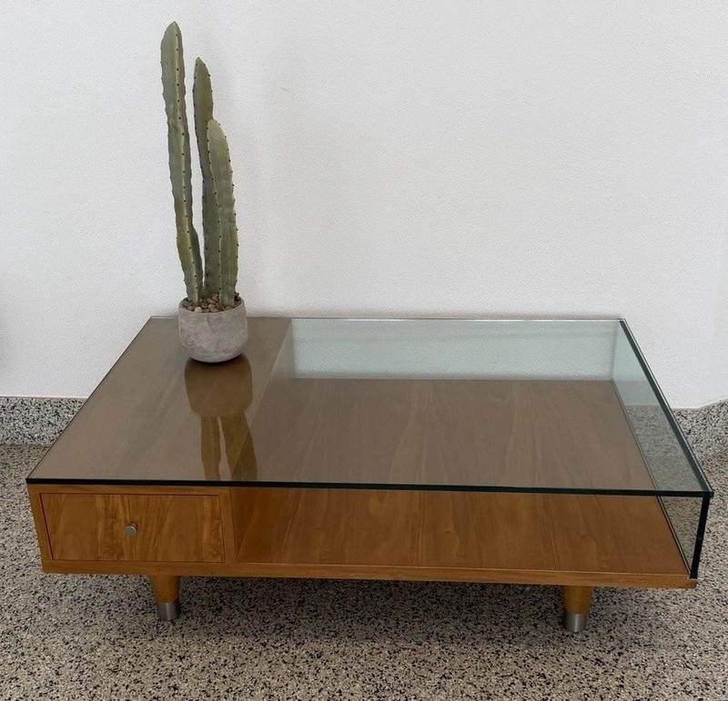 Ethan Allen Mid Century Modern Walnut/Glass Coffee Table gallery