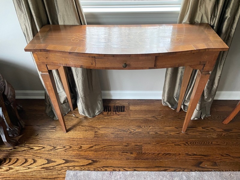 Antique Edwardian Style Inlaid Walnut Bow Front Console Table