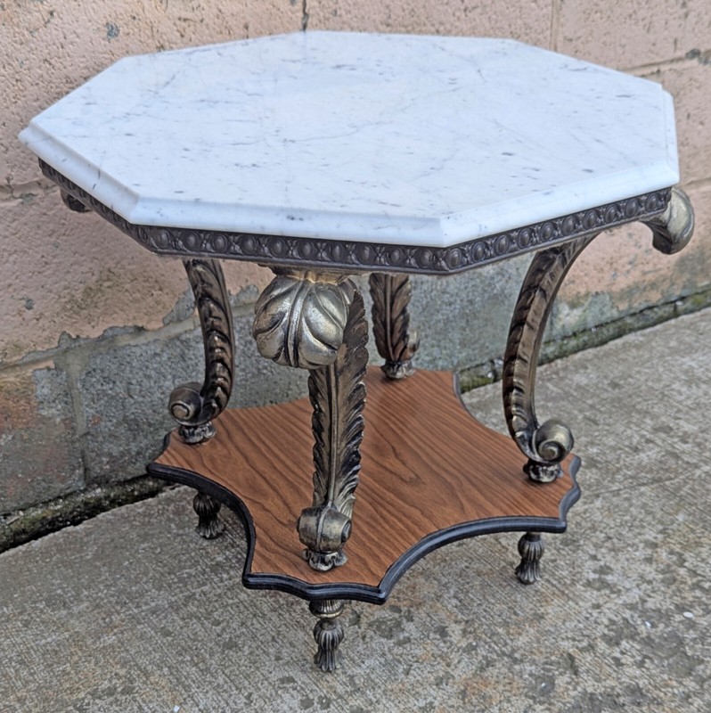 Vintage Octagonal Wood Marble Top 2 Tier End Accent Side Table Nightstand Shelf