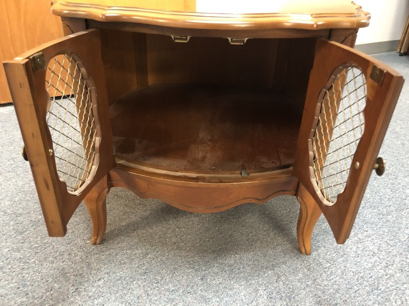 vintage French Provencial Drum Table w 2 Screened Window Doors & Scalloped Edge gallery