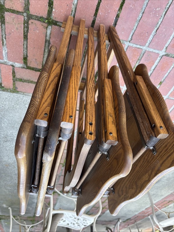 Vintage Set of 4 Unique Folding TV Table Trays & Rack Solid Oak Wood gallery