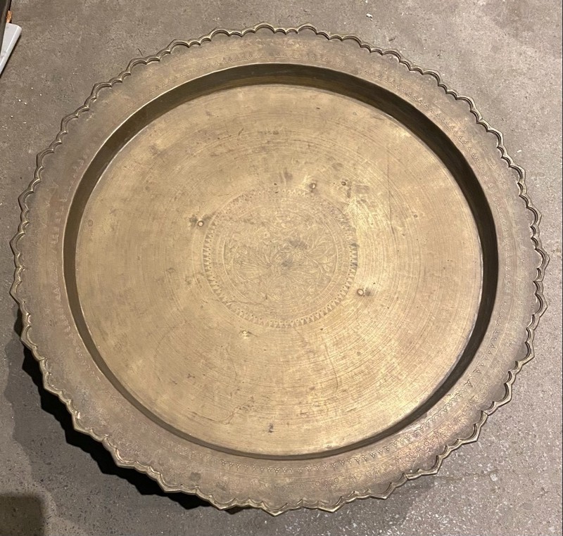 Antique Handcrafted Moroccan Style Etched Brass Pedestal Coffee Table gallery
