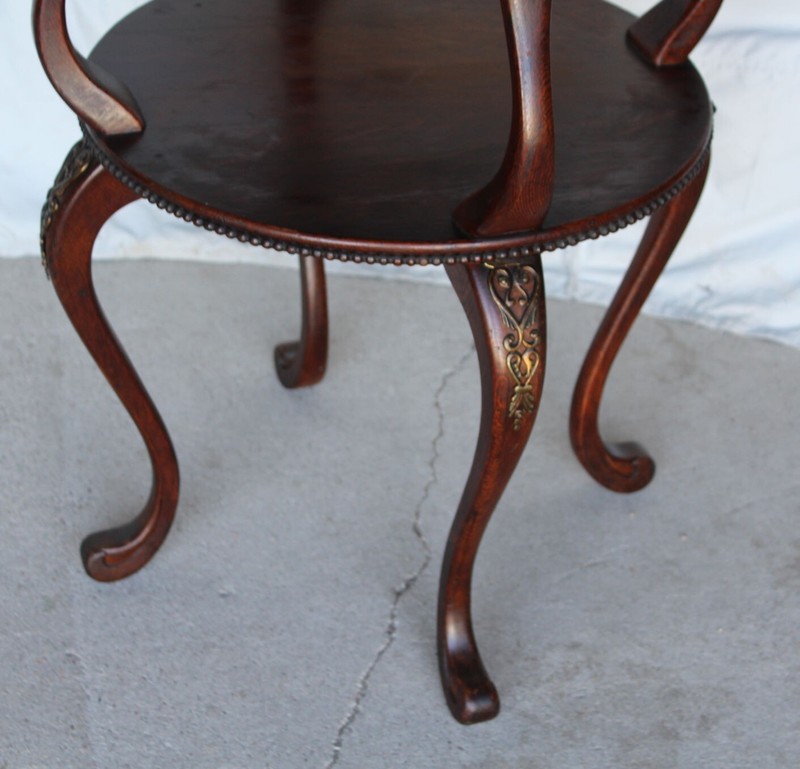Antique Round Oak Tiered Lamp or Small Table – Beaded with Brass Ormulu gallery