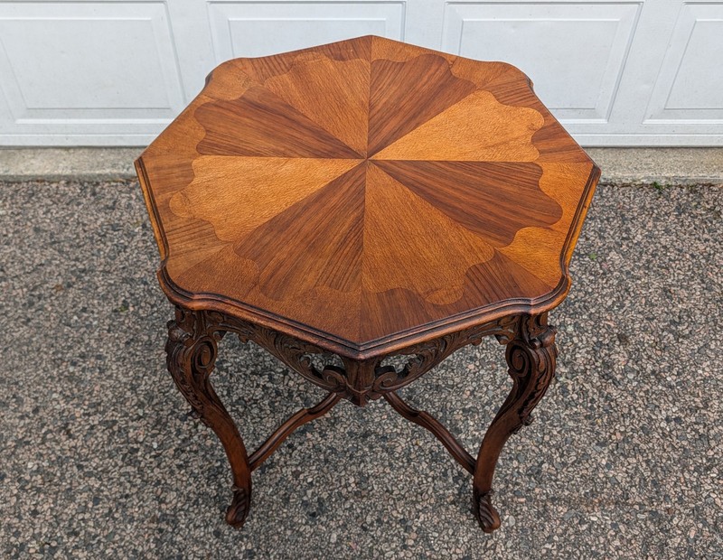 Antique French Louis XV Style Table, Inlaid Top, Carved Sides, 4 Joined Legs gallery