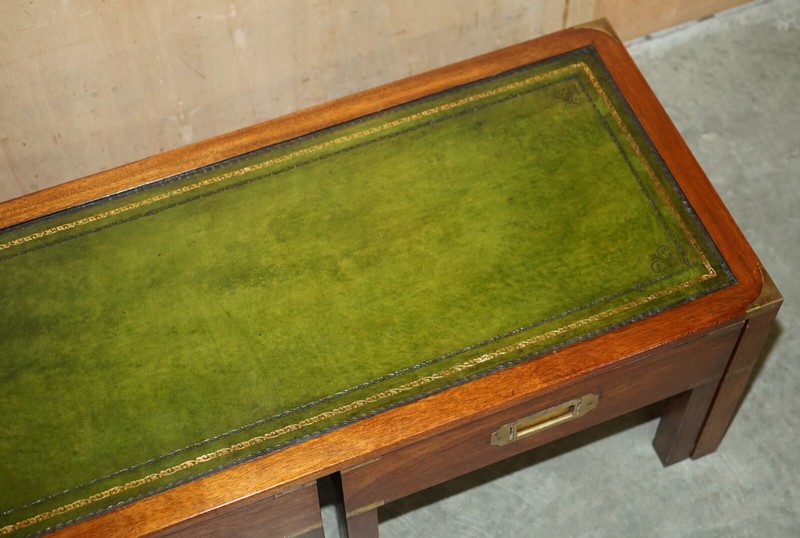 VINTAGE OVER RESTORED GREEN LEATHER MILITARY CAMPAIGN NEST OF COFFEE SIDE TABLES gallery
