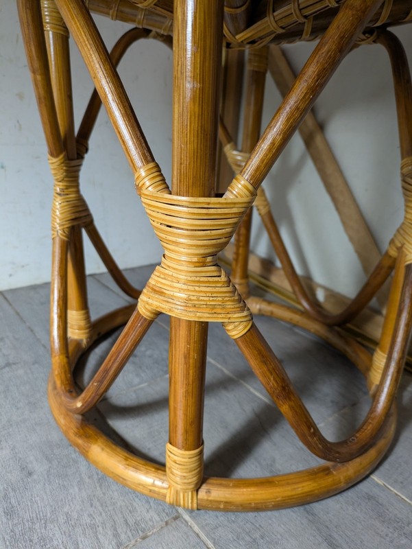 Vintage MCM Boho Chic Bamboo Rattan Round Table Stool Coastal Tiki Plant Stand gallery