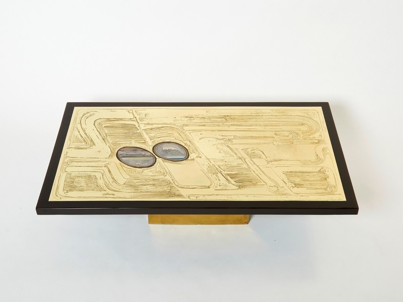 Christian Krekels signed Belgian Etched brass Agate Coffee Table 1979 gallery