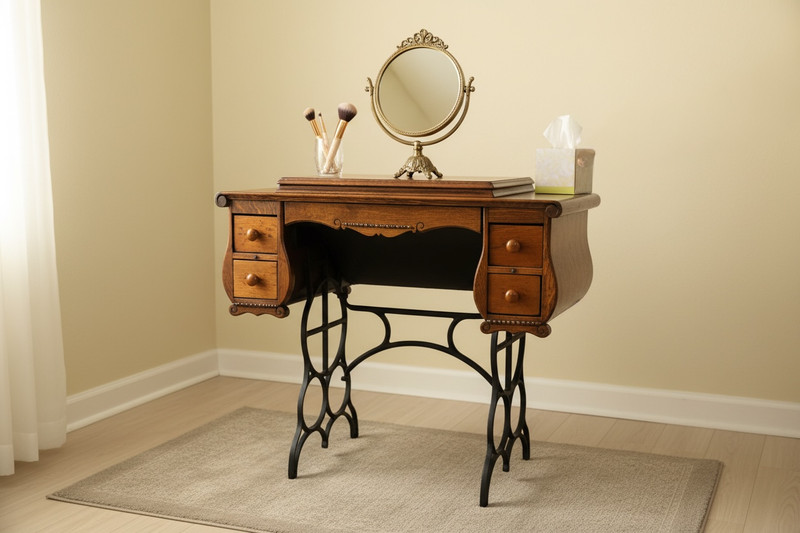 Antique Oak Storage Table with Foldout Top, Inside Compartment and 5 Drawers gallery