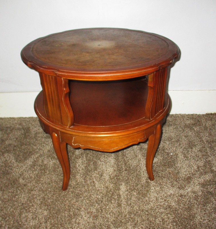 1940s French Provincial Walnut Two Tier Leather Top Accent Table gallery