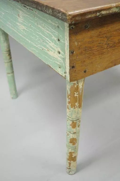 American Primitive Blue Green Distress Painted Rustic Barn Wood Farm Work Table gallery