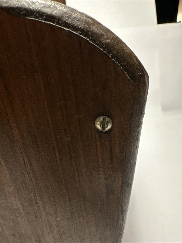 VINTAGE MAGAZINE RACK/STAND,DARK WOOD WITH LEATHER ,MID 1900'S, 17” LONG. 11” W gallery
