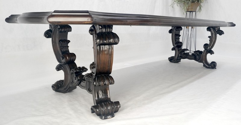 Large 10' Long Heavily Carved Base Scroll Shape Thick Top Dining Table MINT gallery