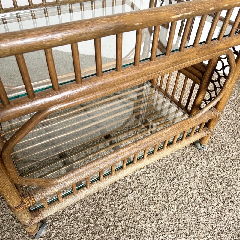 Boho Chic Bamboo Rattan and Glass Two-Tier Bar Cart gallery