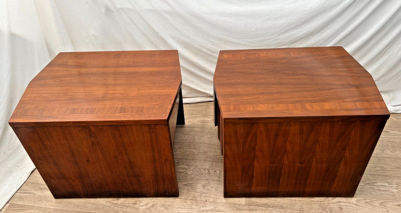 Mid Century Lane Nightstands Staccato Block Brutalist Front Walnut Side Tables gallery
