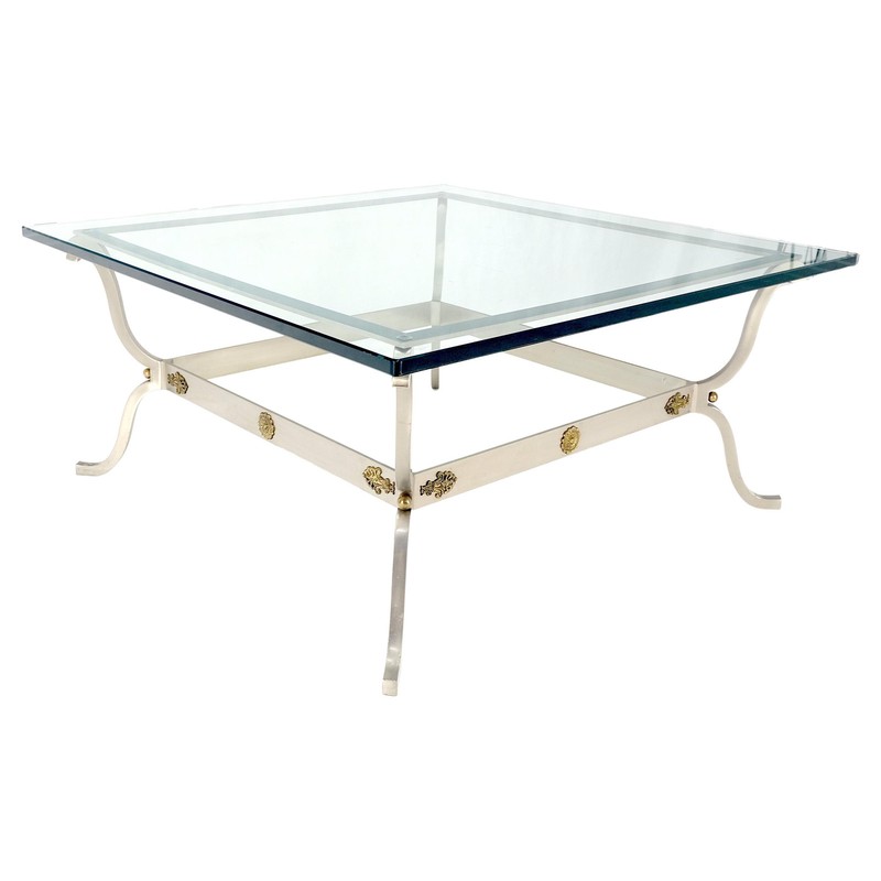 Jansen Atr. Brushed Steel Brass Mounts Rosettes Square 3/4" Glass Coffee Table