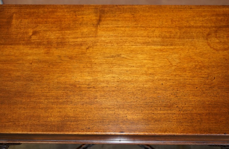 ANTIQUE 19TH CENTURY THOMAS CHIPPENDALE MAHOGANY SILVER TEA TABLE STAMPED BASE gallery