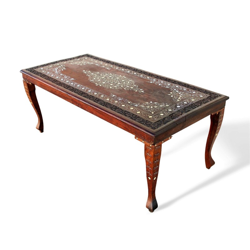 Antique Anglo-Indian Carved Inlaid Rosewood Coffee Table