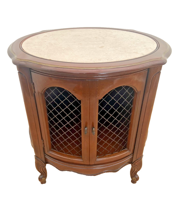 French Style Round Table with Cabinet and Marble Top Solid Walnut, Swing Door